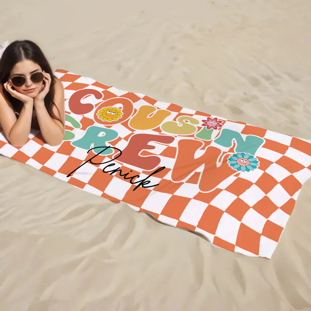 Personalised Cousin Crew Plaid Design Oversized Quick Dry Beach Towel with Name Birthday Summer Vacation Accessory Gift for Kids