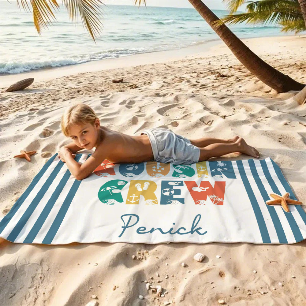Personalized Cousin Crew Beach Towel, Custom Name Pool Bath Towel, Cousin Vacation Trip Gift