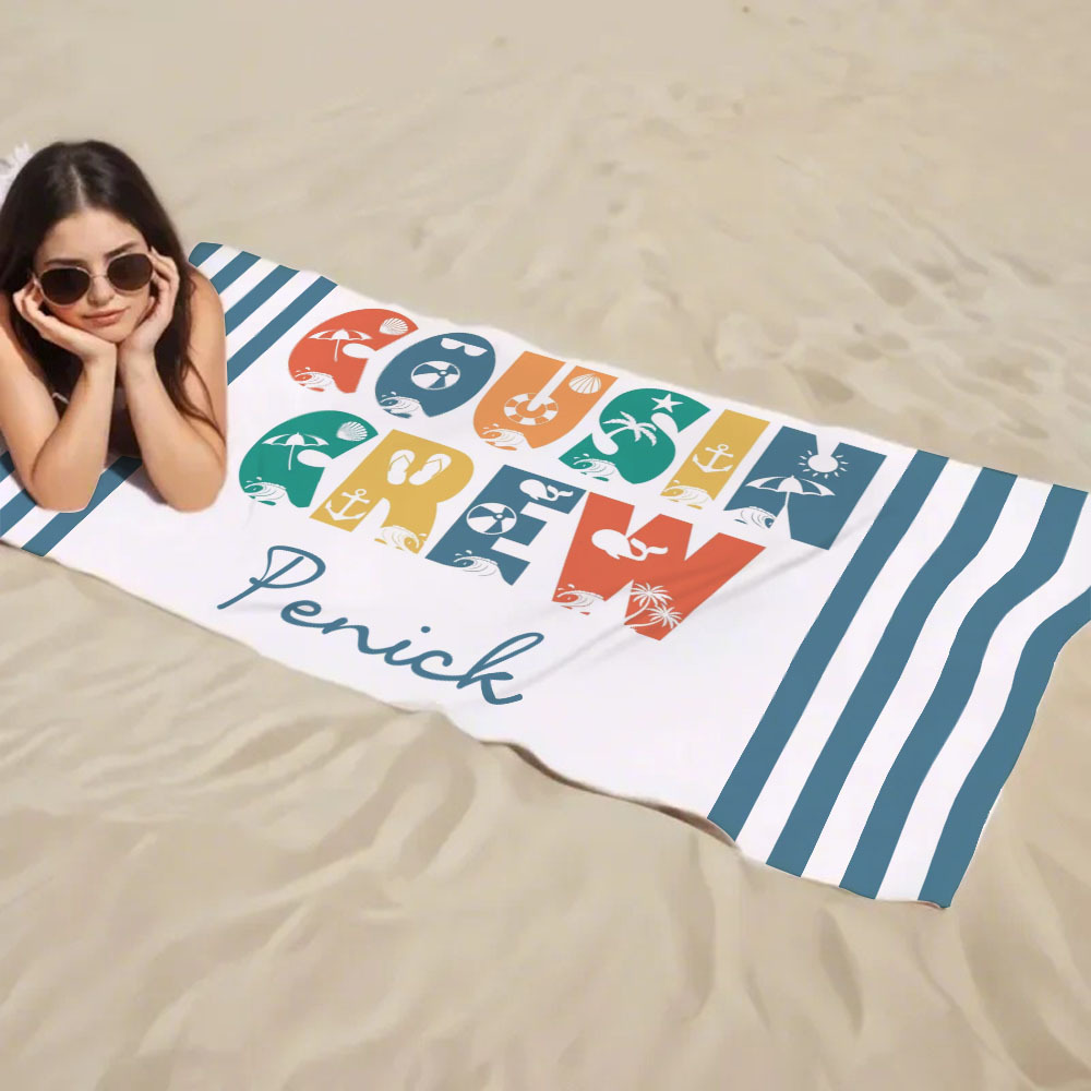 Personalized Cousin Crew Beach Towel, Custom Name Pool Bath Towel, Cousin Vacation Trip Gift