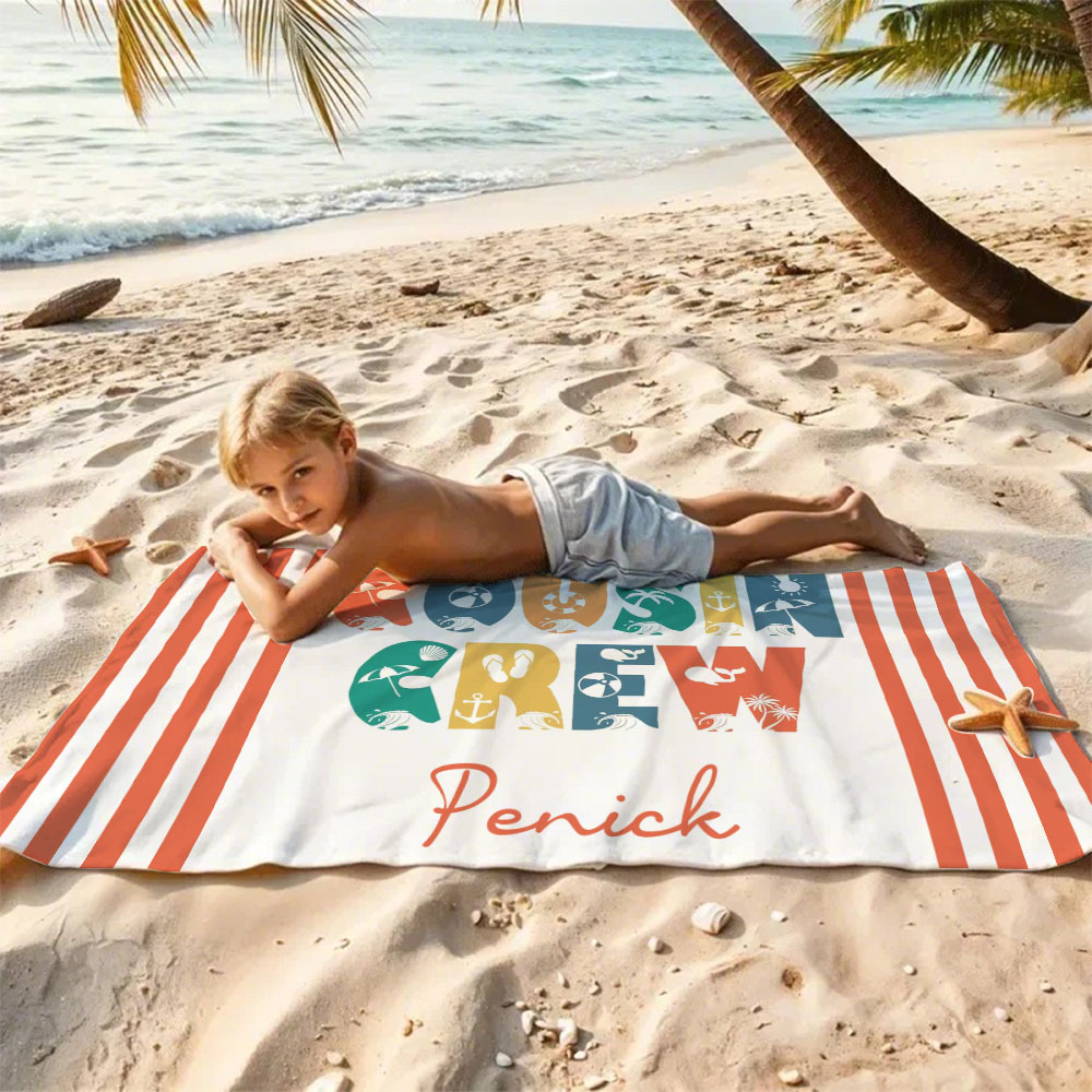 Personalized Cousin Crew Beach Towel, Custom Name Pool Bath Towel, Cousin Vacation Trip Gift