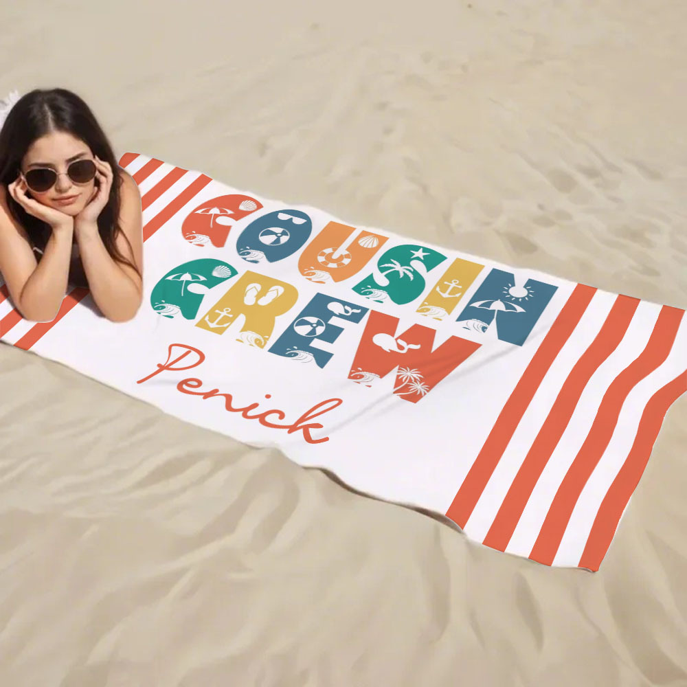Personalized Cousin Crew Beach Towel, Custom Name Pool Bath Towel, Cousin Vacation Trip Gift