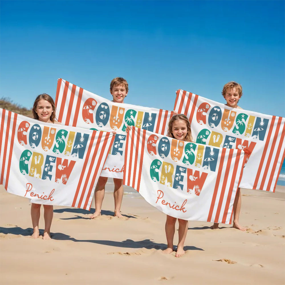 Personalized Cousin Crew Beach Towel, Custom Name Pool Bath Towel, Cousin Vacation Trip Gift