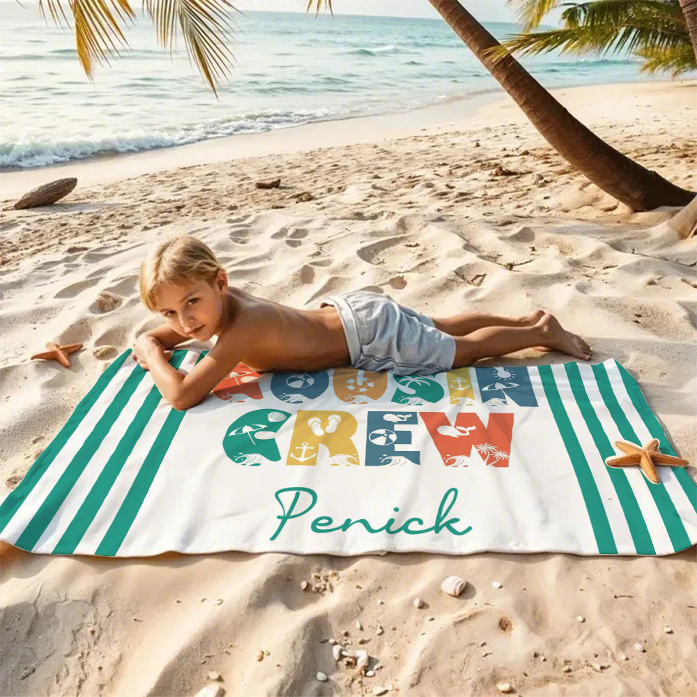 Personalized Cousin Crew Beach Towel, Custom Name Pool Bath Towel, Cousin Vacation Trip Gift