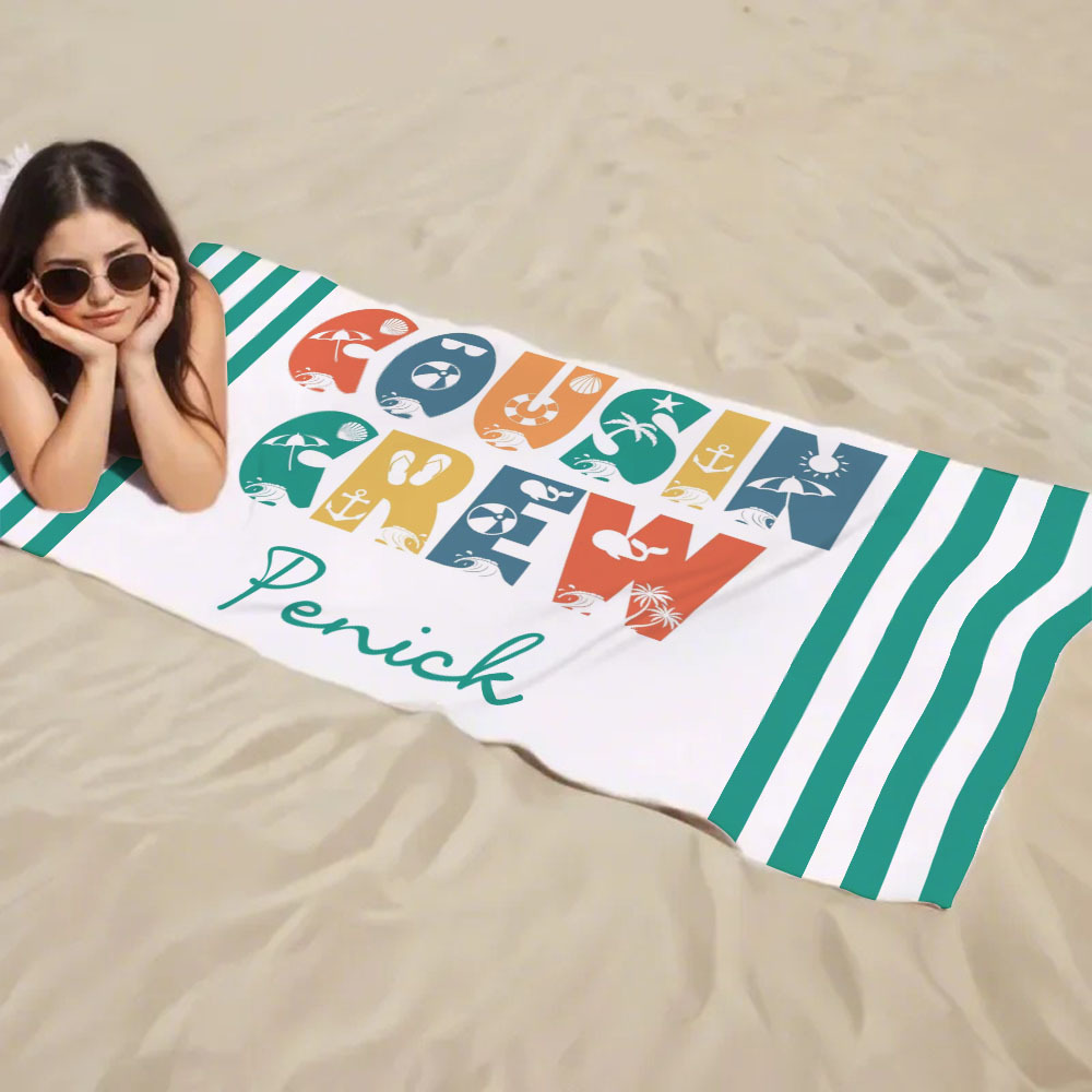 Personalized Cousin Crew Beach Towel, Custom Name Pool Bath Towel, Cousin Vacation Trip Gift