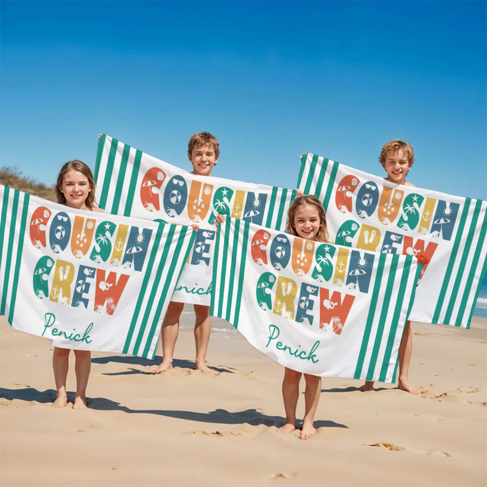 Personalized Cousin Crew Beach Towel, Custom Name Pool Bath Towel, Cousin Vacation Trip Gift