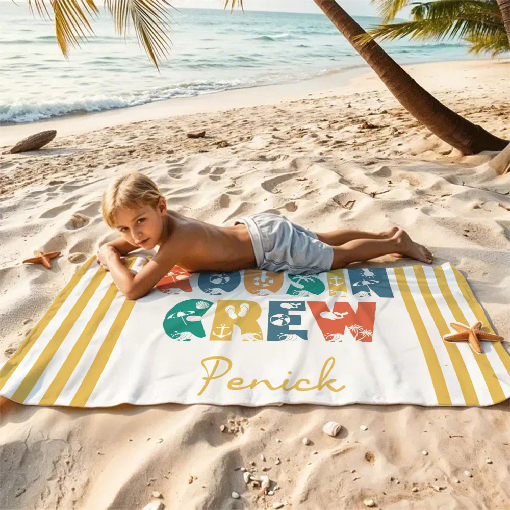 Personalized Cousin Crew Beach Towel, Custom Name Pool Bath Towel, Cousin Vacation Trip Gift