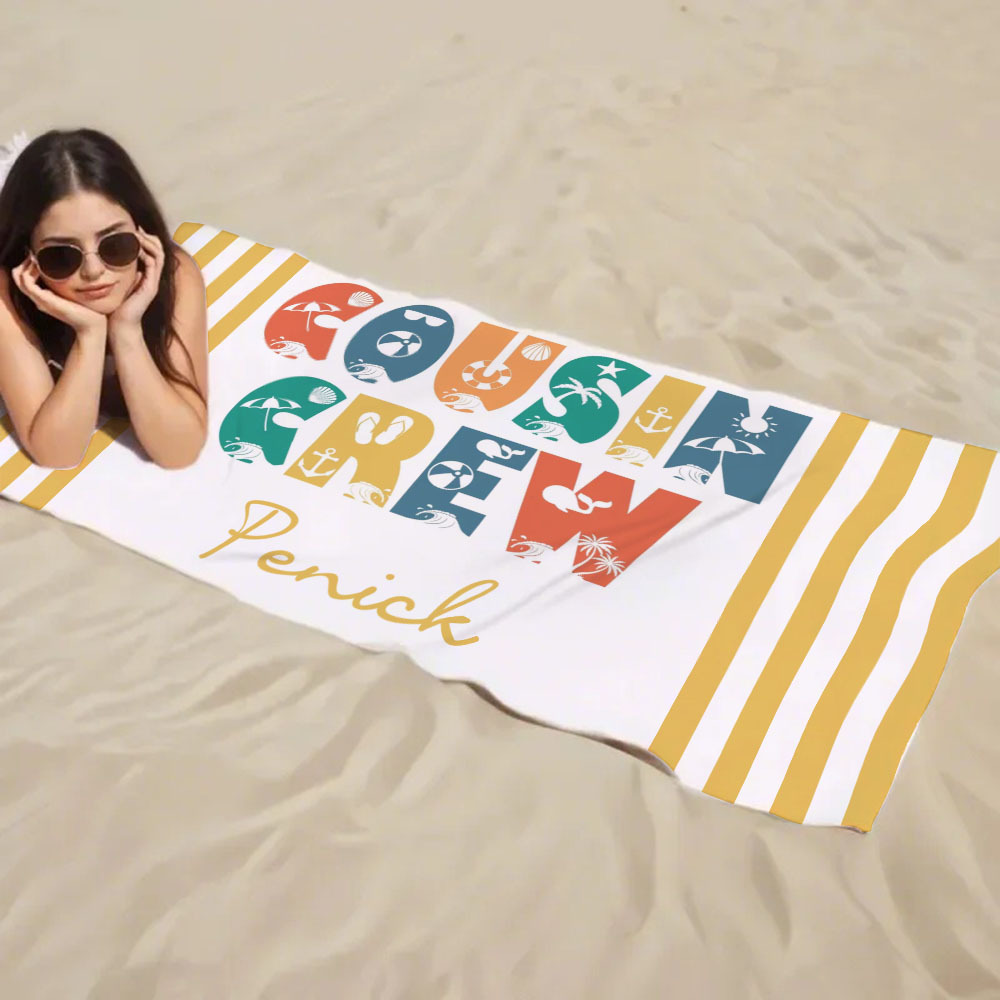 Personalized Cousin Crew Beach Towel, Custom Name Pool Bath Towel, Cousin Vacation Trip Gift