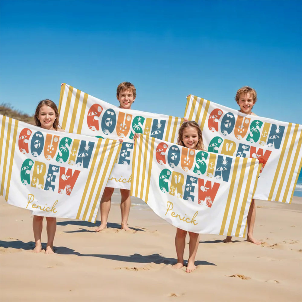 Personalized Cousin Crew Beach Towel, Custom Name Pool Bath Towel, Cousin Vacation Trip Gift
