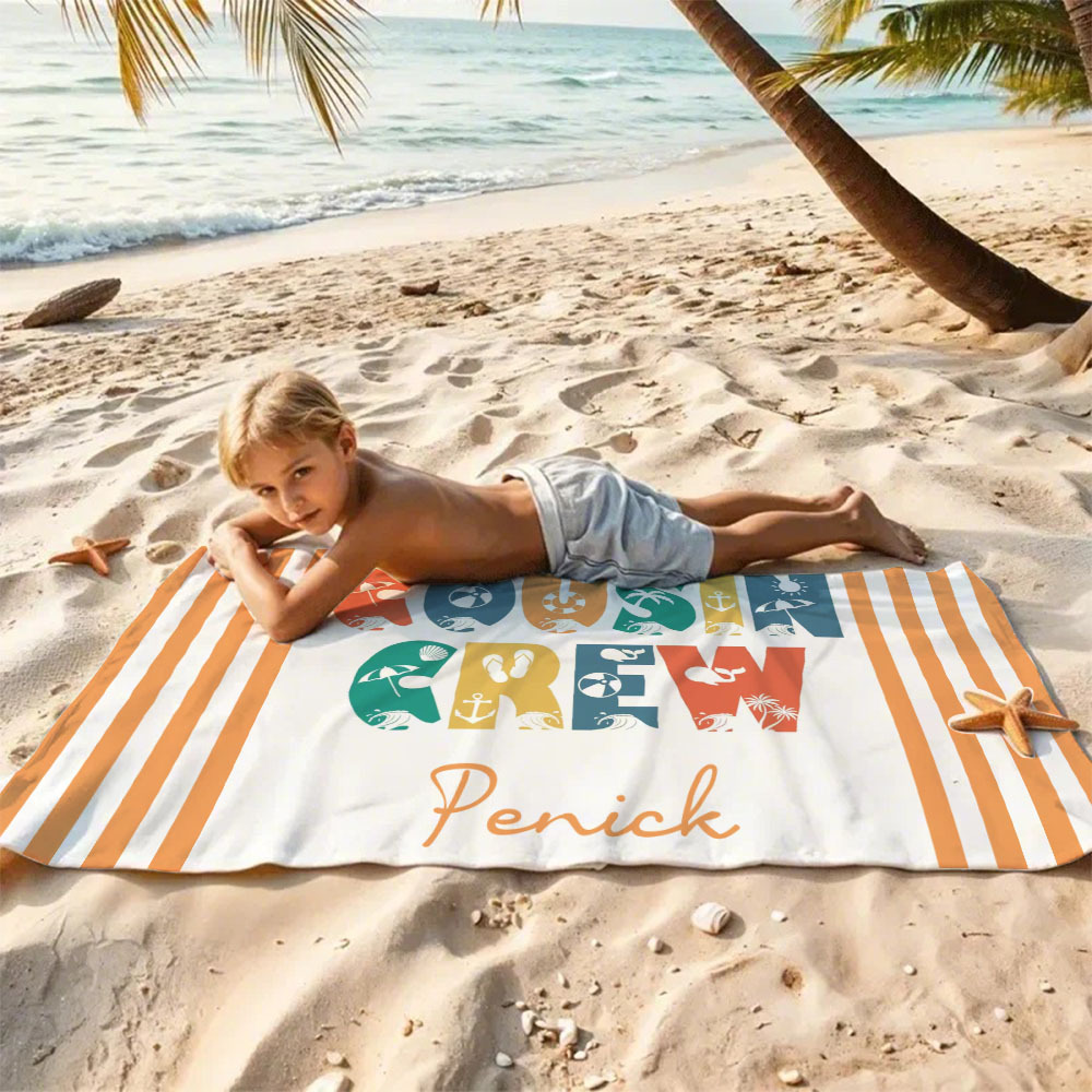 Personalized Cousin Crew Beach Towel, Custom Name Pool Bath Towel, Cousin Vacation Trip Gift
