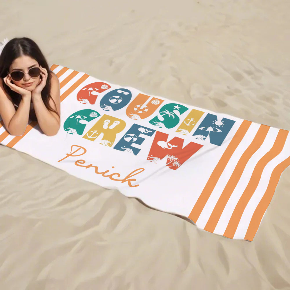 Personalized Cousin Crew Beach Towel, Custom Name Pool Bath Towel, Cousin Vacation Trip Gift