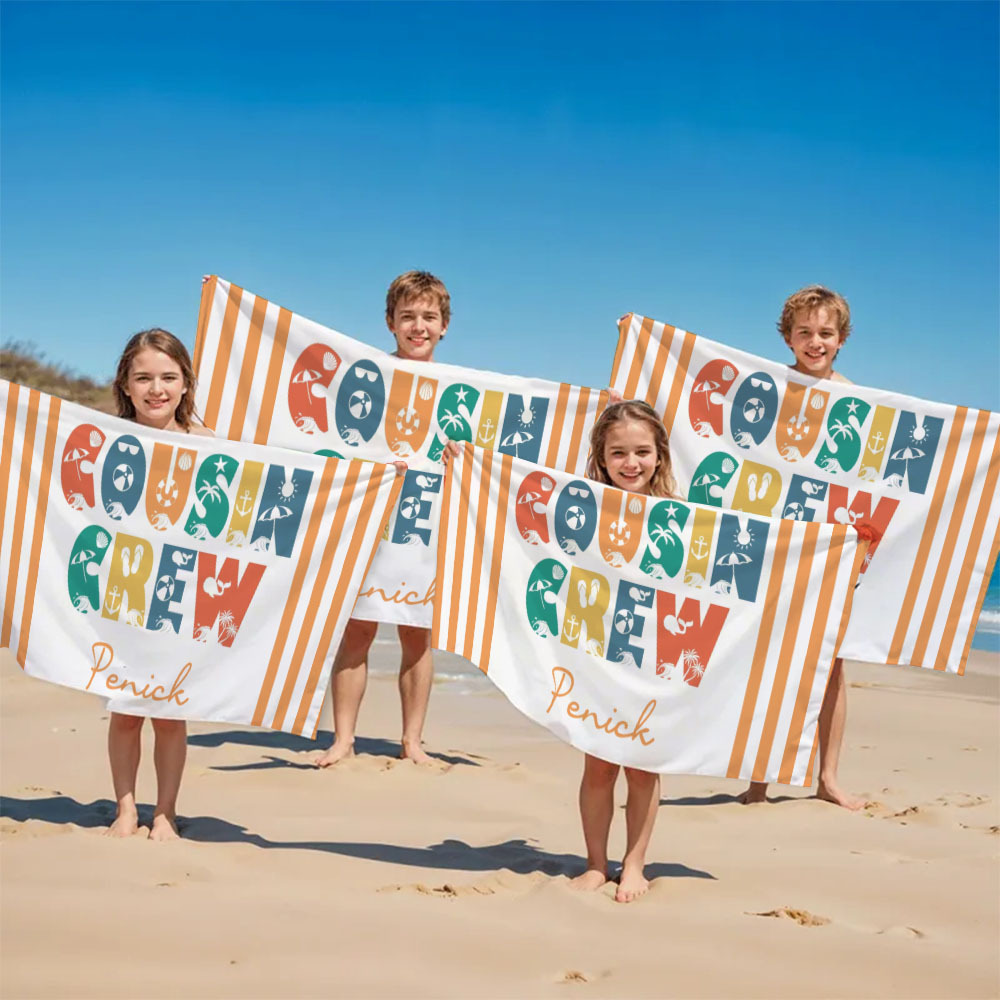 Personalized Cousin Crew Beach Towel, Custom Name Pool Bath Towel, Cousin Vacation Trip Gift