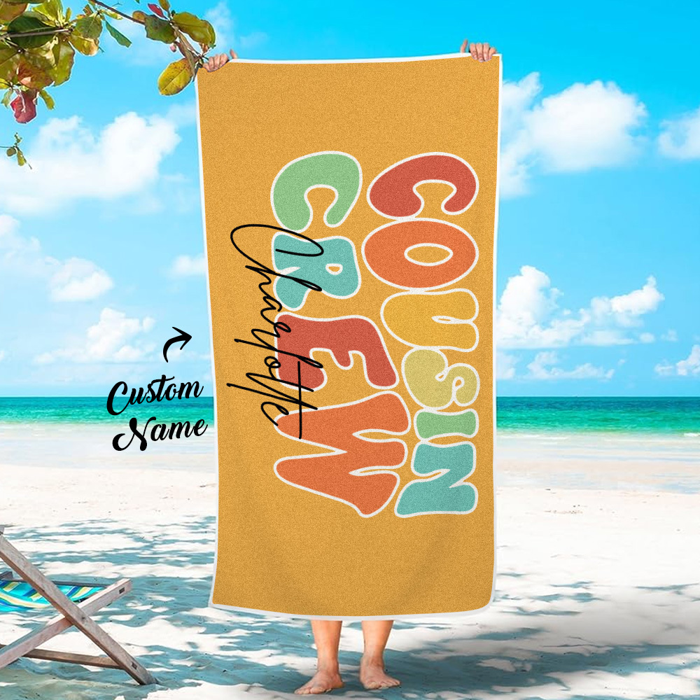 Personalized Multicolor Cousin Crew Beach Towel with Name Summer Holiday Gift for Cousin