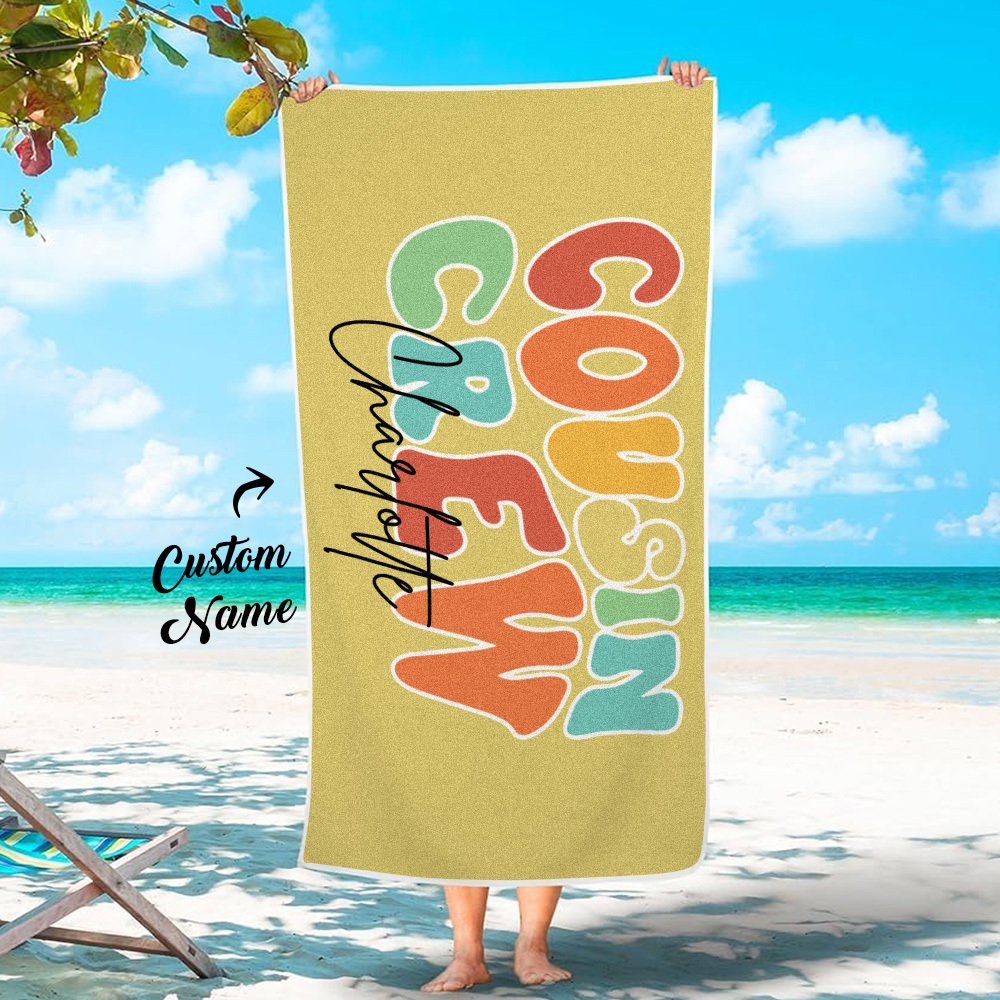 Personalized Multicolor Cousin Crew Beach Towel with Name Summer Holiday Gift for Cousin
