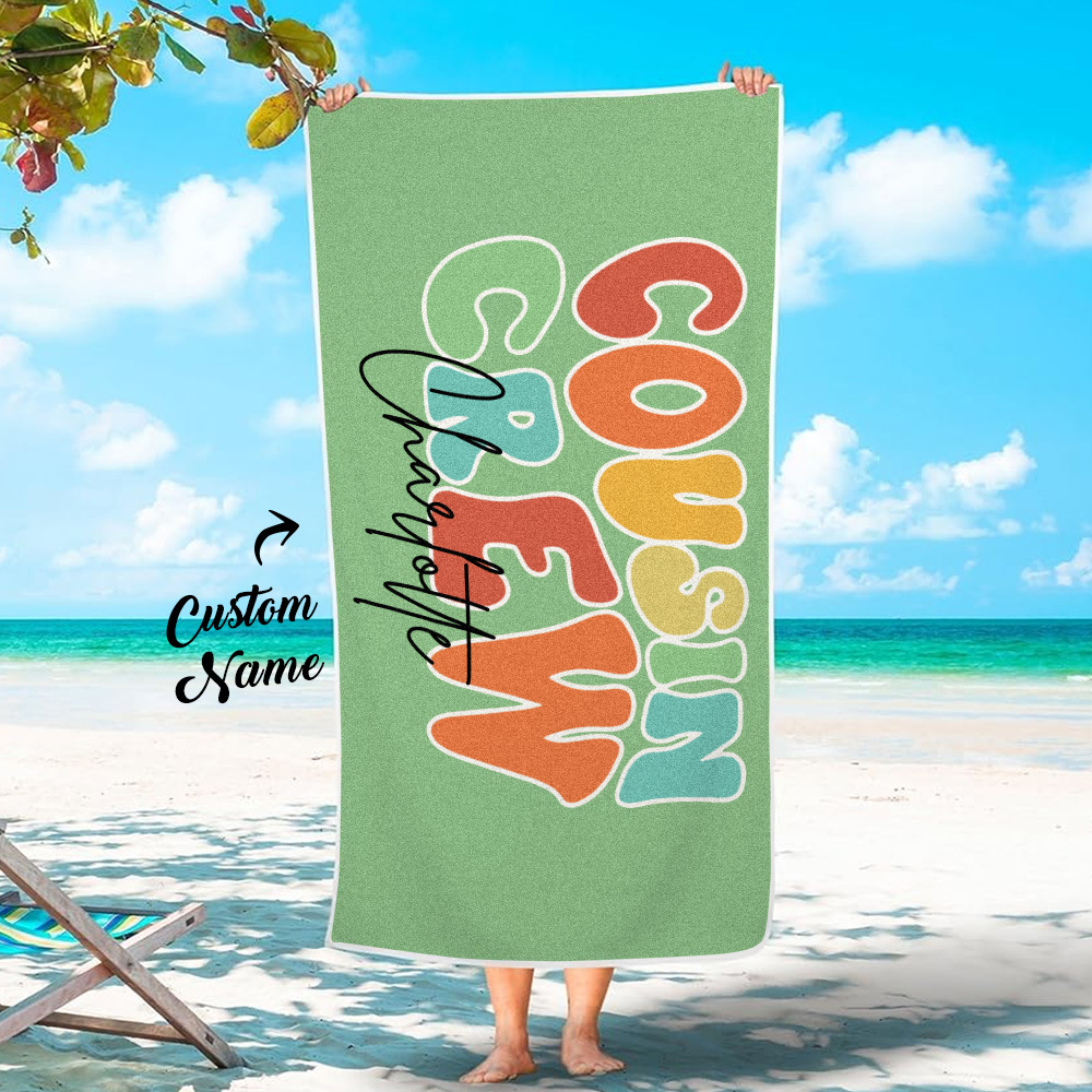 Personalized Multicolor Cousin Crew Beach Towel with Name Summer Holiday Gift for Cousin