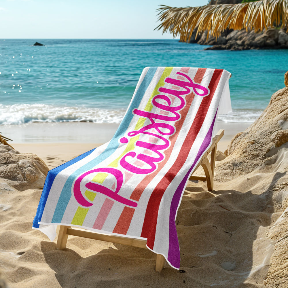 Custom Beach Towel Retro Stripe Style Personalized Name Bath Towel Pool Towel
