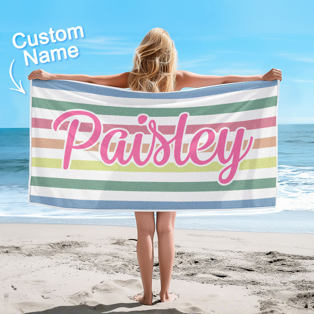 Custom Beach Towel Retro Stripe Style Personalized Name Bath Towel Pool Towel