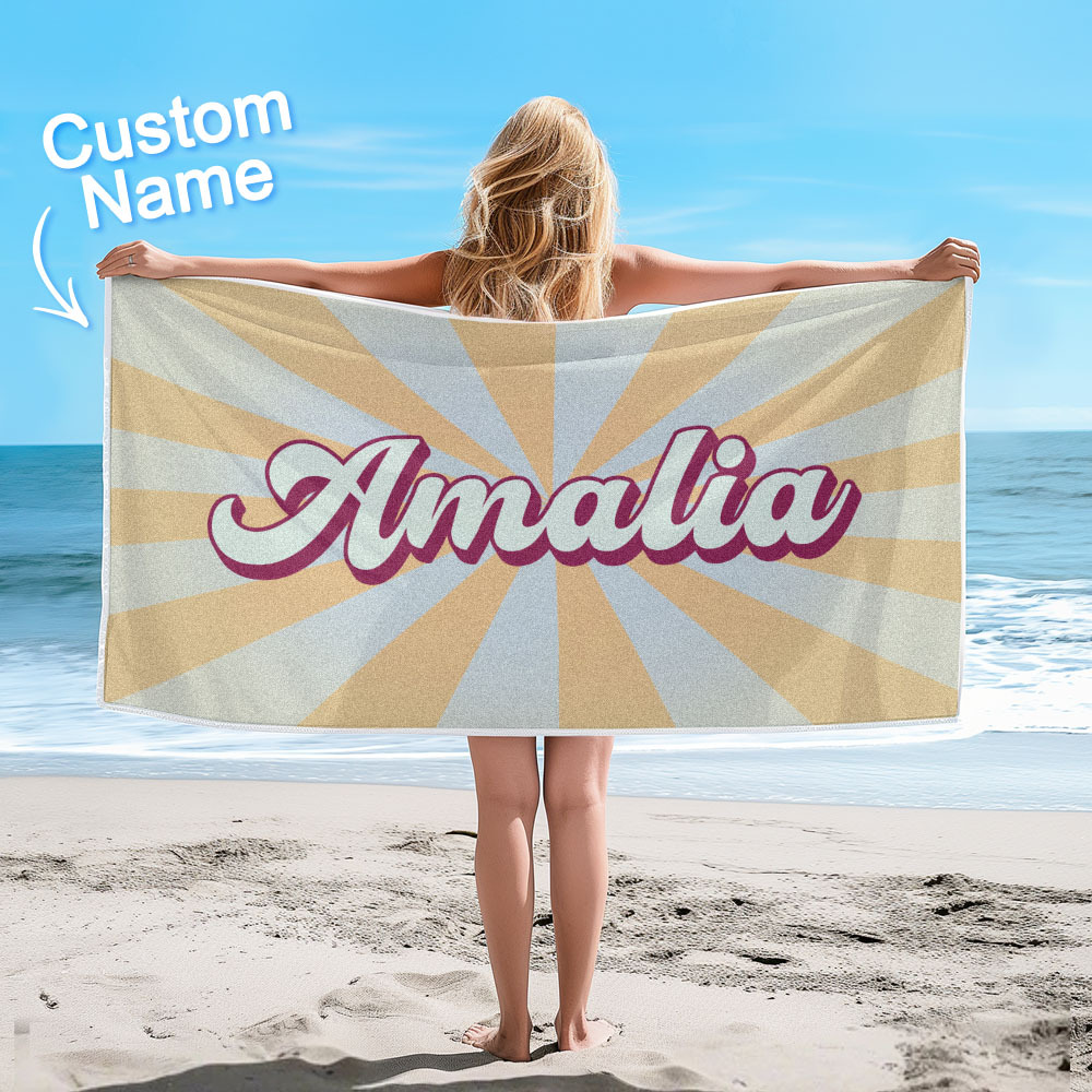 Custom Beach Towel with Name Burst Style Stripe Pattern Outside Vacation Gift