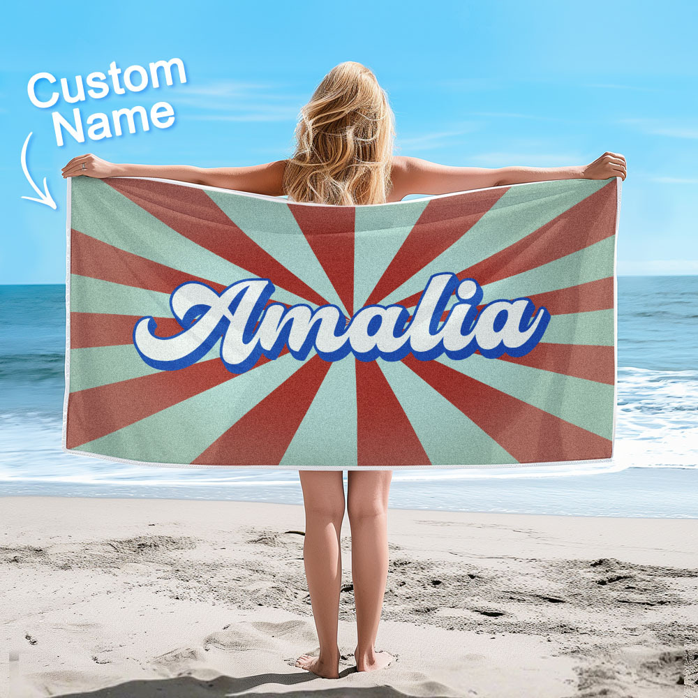 Custom Beach Towel with Name Burst Style Stripe Pattern Outside Vacation Gift