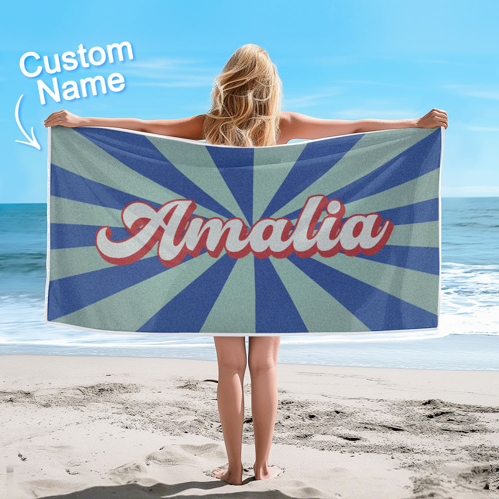 Custom Beach Towel with Name Burst Style Stripe Pattern Outside Vacation Gift