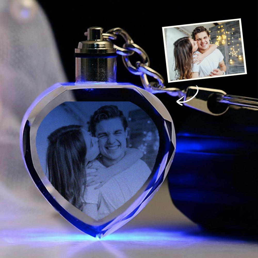 Custom Heart Shape Lighted Crystal Photo Keychain