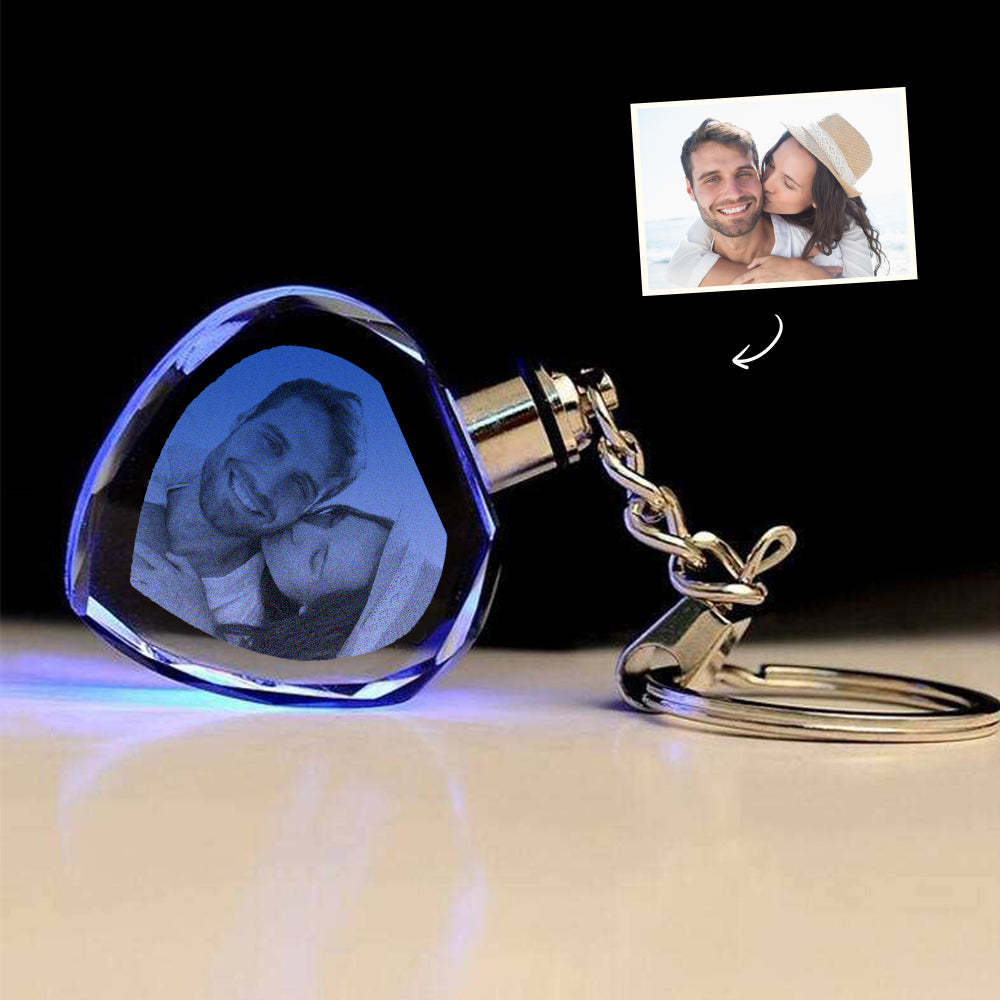 Custom Heart Shape Lighted Crystal Photo Keychain