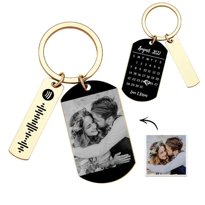 Personalized Spotify Calendar Keychain Custom Picture & Music Song Code Couples Photo Keyring Gifts for Valentine's Day