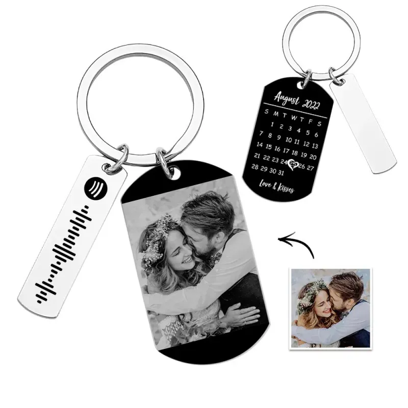 Personalized Spotify Calendar Keychain Custom Picture & Music Song Code Couples Photo Keyring Gifts for Valentine's Day