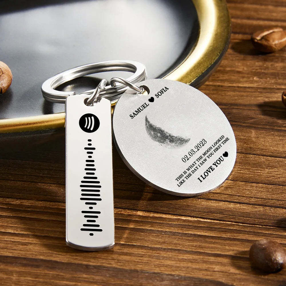 Custom Moon Phase Keychain Photo Spotify Keychain Personalized Stainless Steel Key Chains Valentine's Day Gift - mycustomtirecover