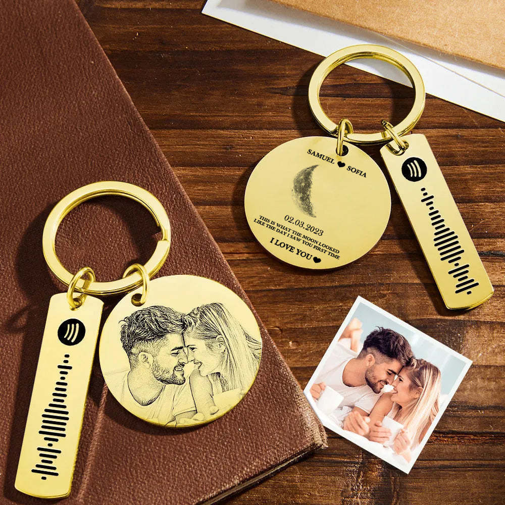 Custom Moon Phase Keychain Photo Spotify Keychain Personalized Stainless Steel Key Chains Valentine's Day Gift - mycustomtirecover