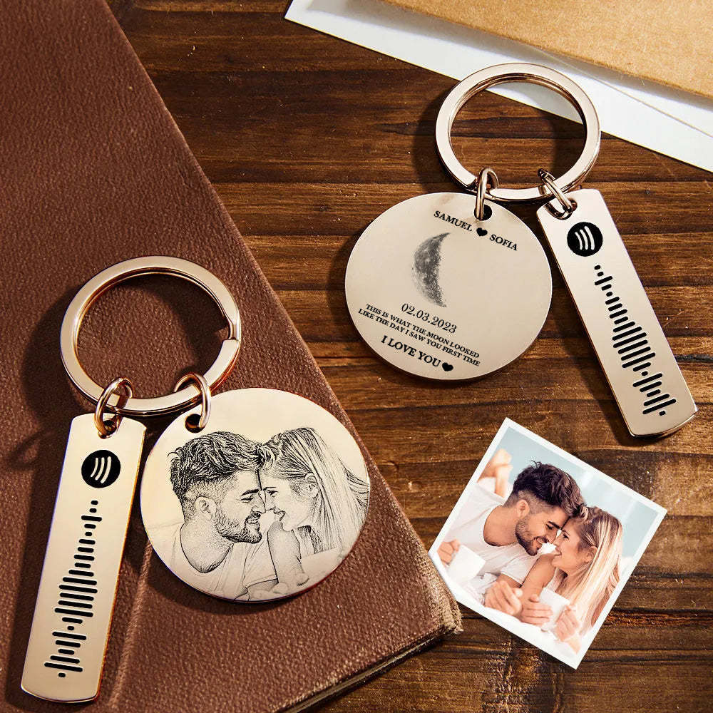 Custom Moon Phase Keychain Photo Spotify Keychain Personalized Stainless Steel Key Chains Valentine's Day Gift - mycustomtirecover