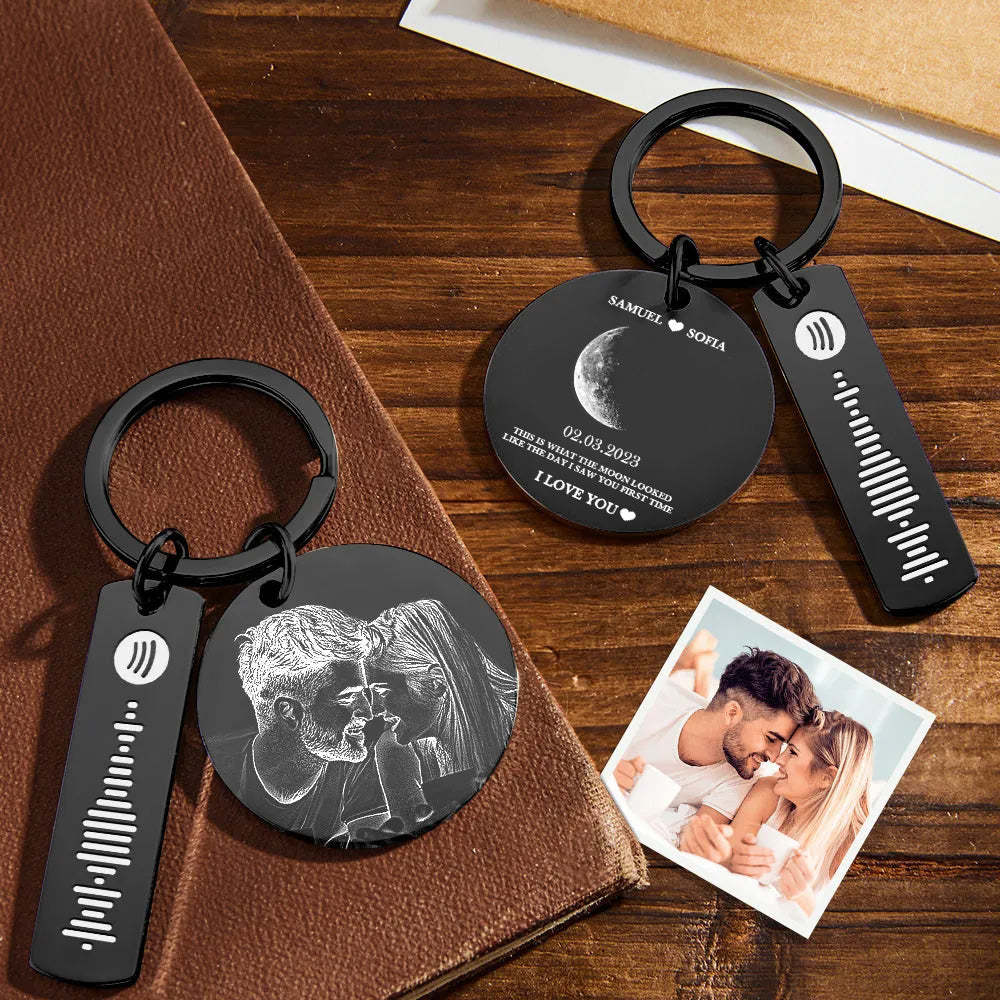 Custom Moon Phase Keychain Photo Spotify Keychain Personalized Stainless Steel Key Chains Valentine's Day Gift - mycustomtirecover