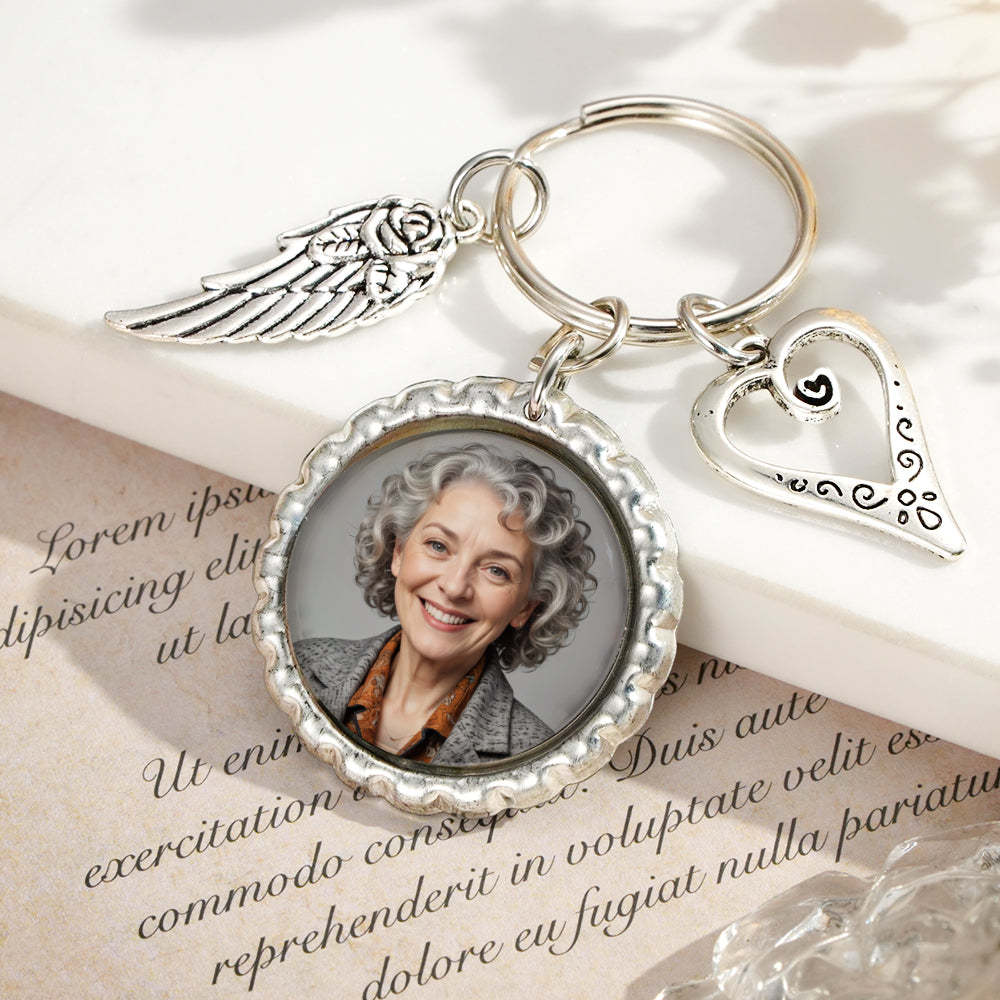 Personalized Photo Keychain with Text Heart Wing Keychain Memorial Gift - mysiliconefoodbag