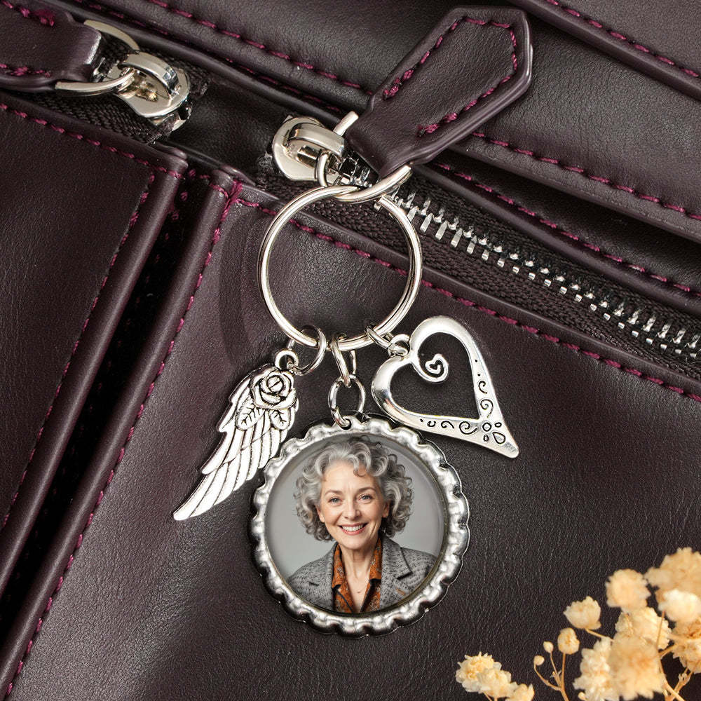 Personalized Photo Keychain with Text Heart Wing Keychain Memorial Gift - mysiliconefoodbag