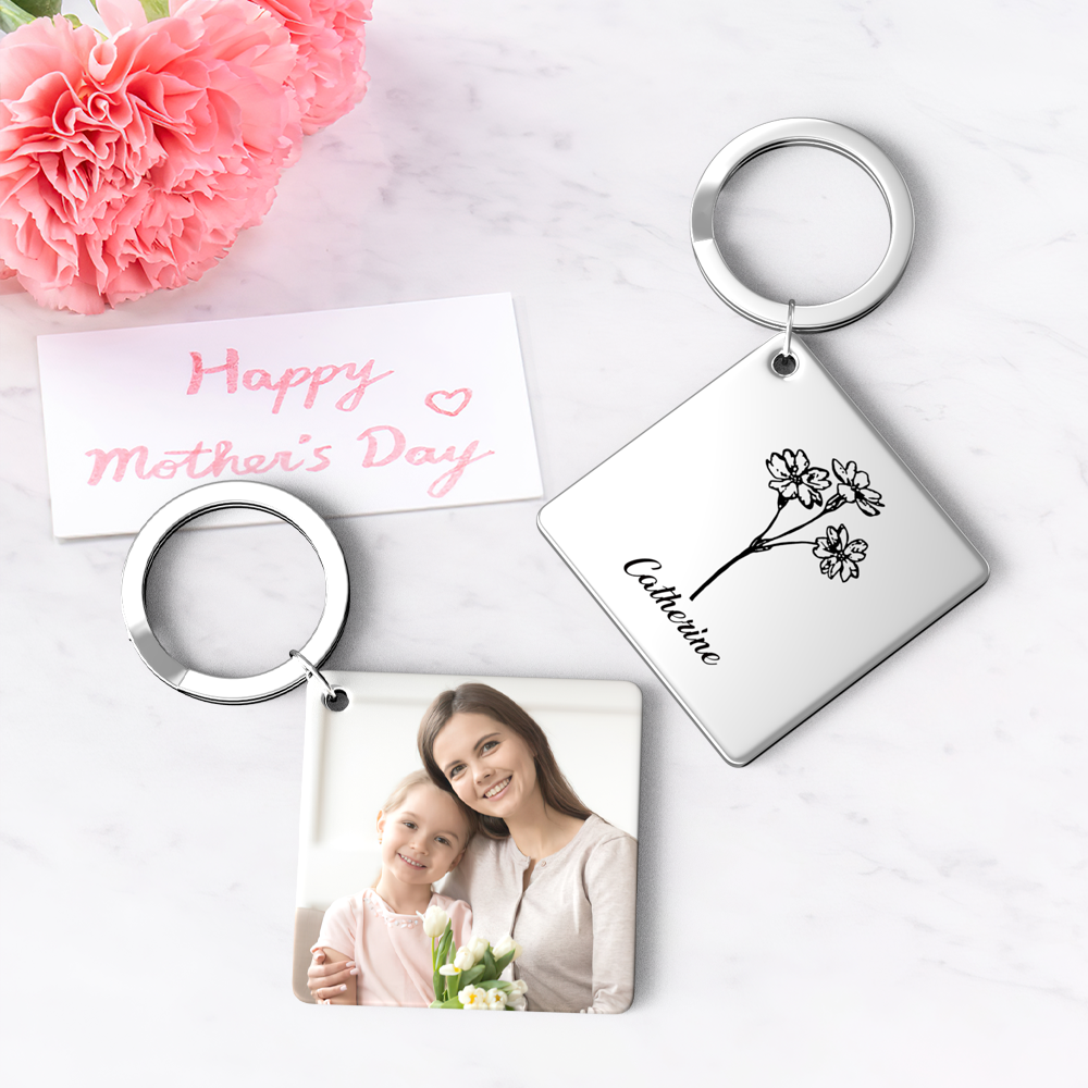Birthflower Keychain Personalized Bouquet Flower Key Ring Mothers Day Gifts for Mom - SantaSocks