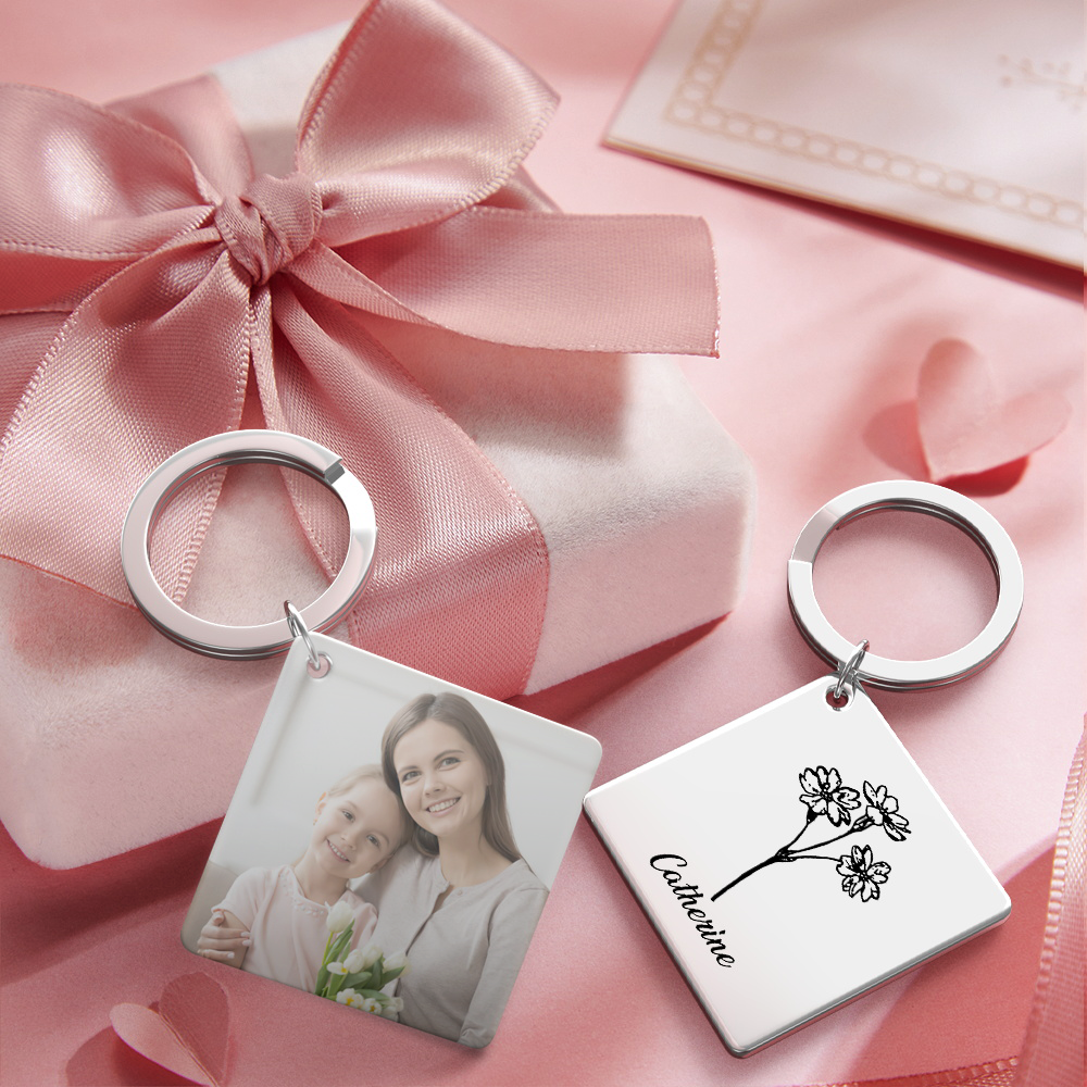 Birthflower Keychain Personalized Bouquet Flower Key Ring Mothers Day Gifts for Mom - SantaSocks