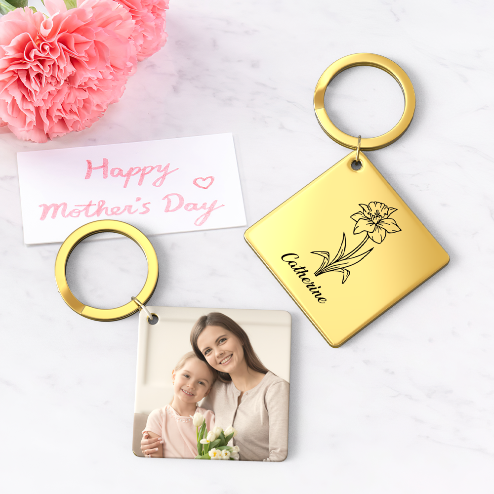 Birthflower Keychain Personalized Bouquet Flower Key Ring Mothers Day Gifts for Mom - SantaSocks