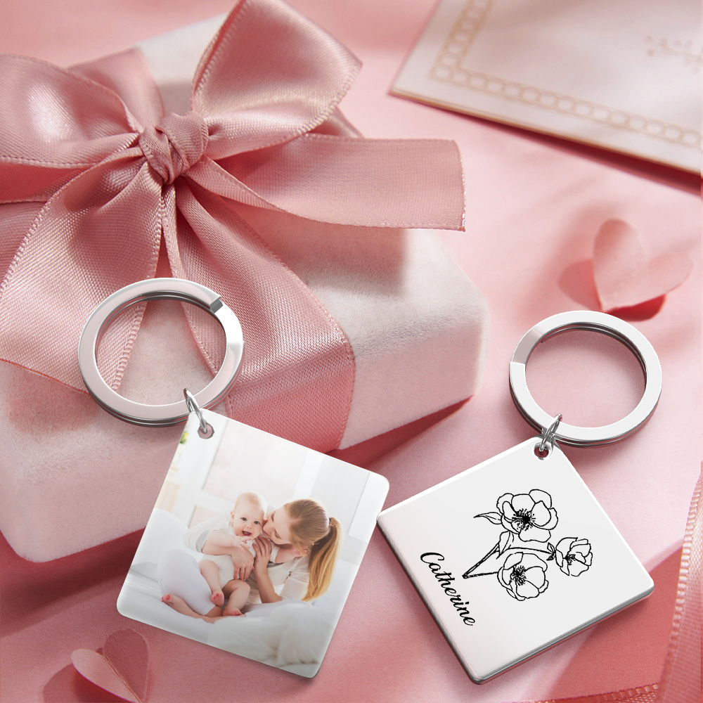 Birthflower Keychain Personalized Bouquet Flower Key Ring Mothers Day Gifts for Mom - SantaSocks