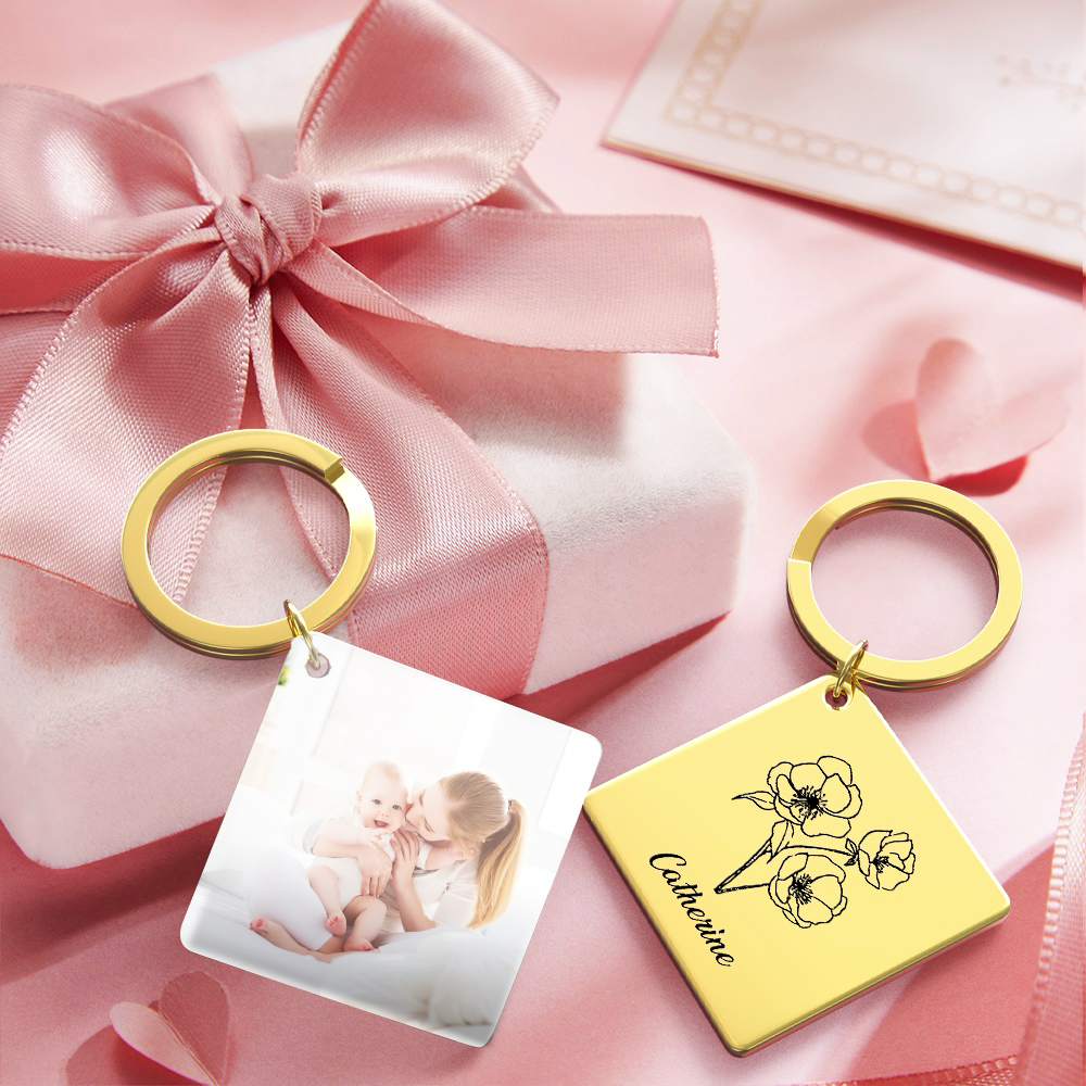 Birthflower Keychain Personalized Bouquet Flower Key Ring Mothers Day Gifts for Mom - SantaSocks