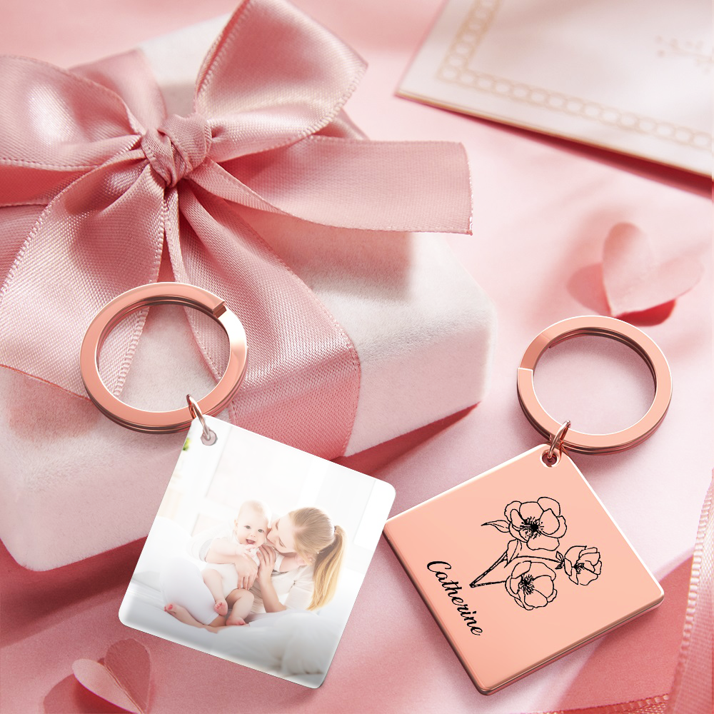 Birthflower Keychain Personalized Bouquet Flower Key Ring Mothers Day Gifts for Mom - SantaSocks