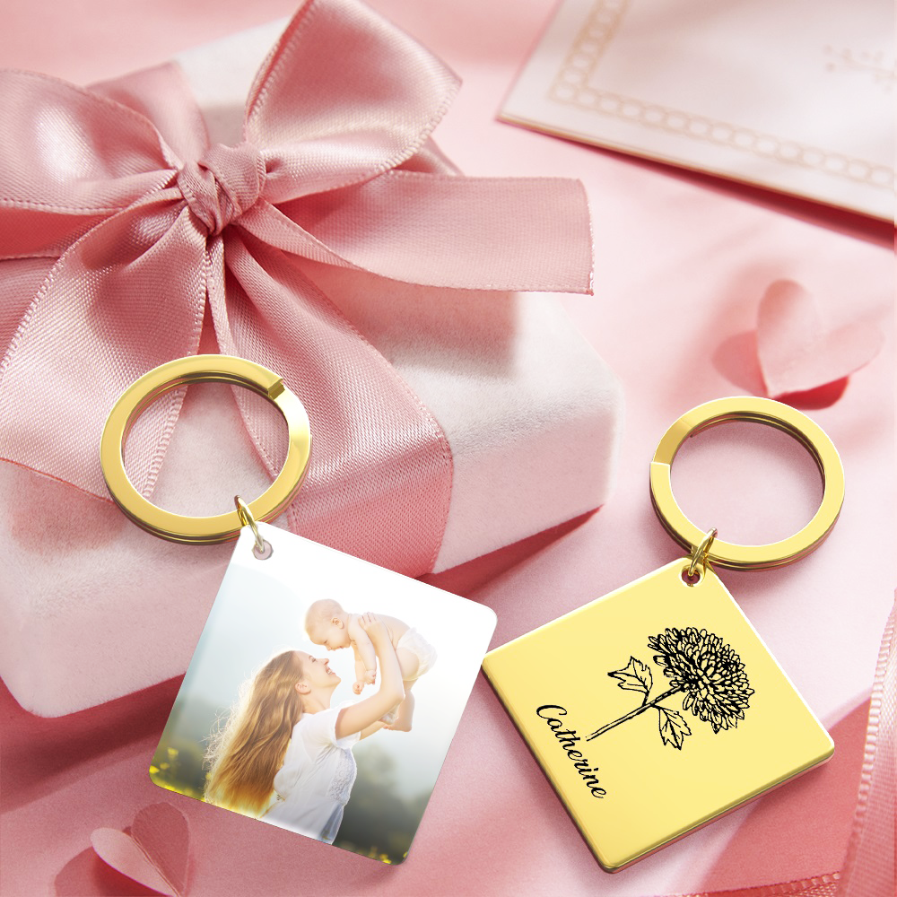 Birthflower Keychain Personalized Bouquet Flower Key Ring Mothers Day Gifts for Mom - SantaSocks