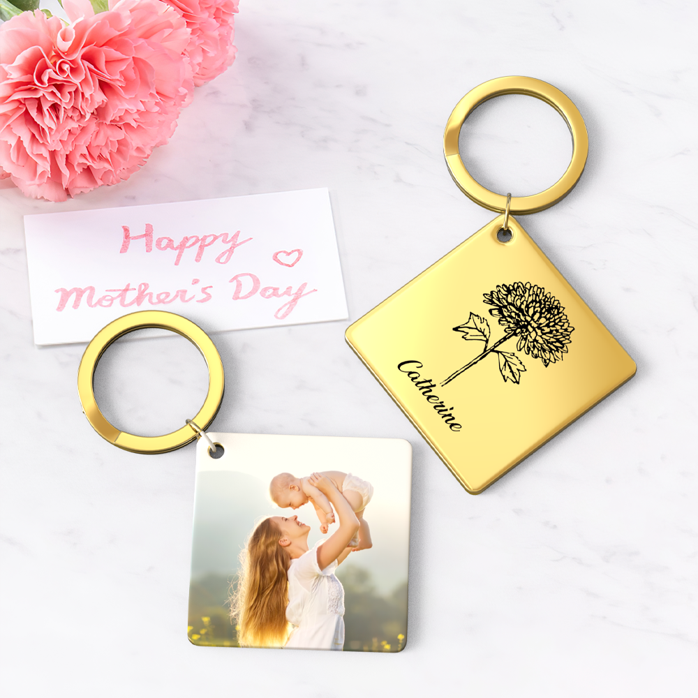 Birthflower Keychain Personalized Bouquet Flower Key Ring Mothers Day Gifts for Mom - SantaSocks