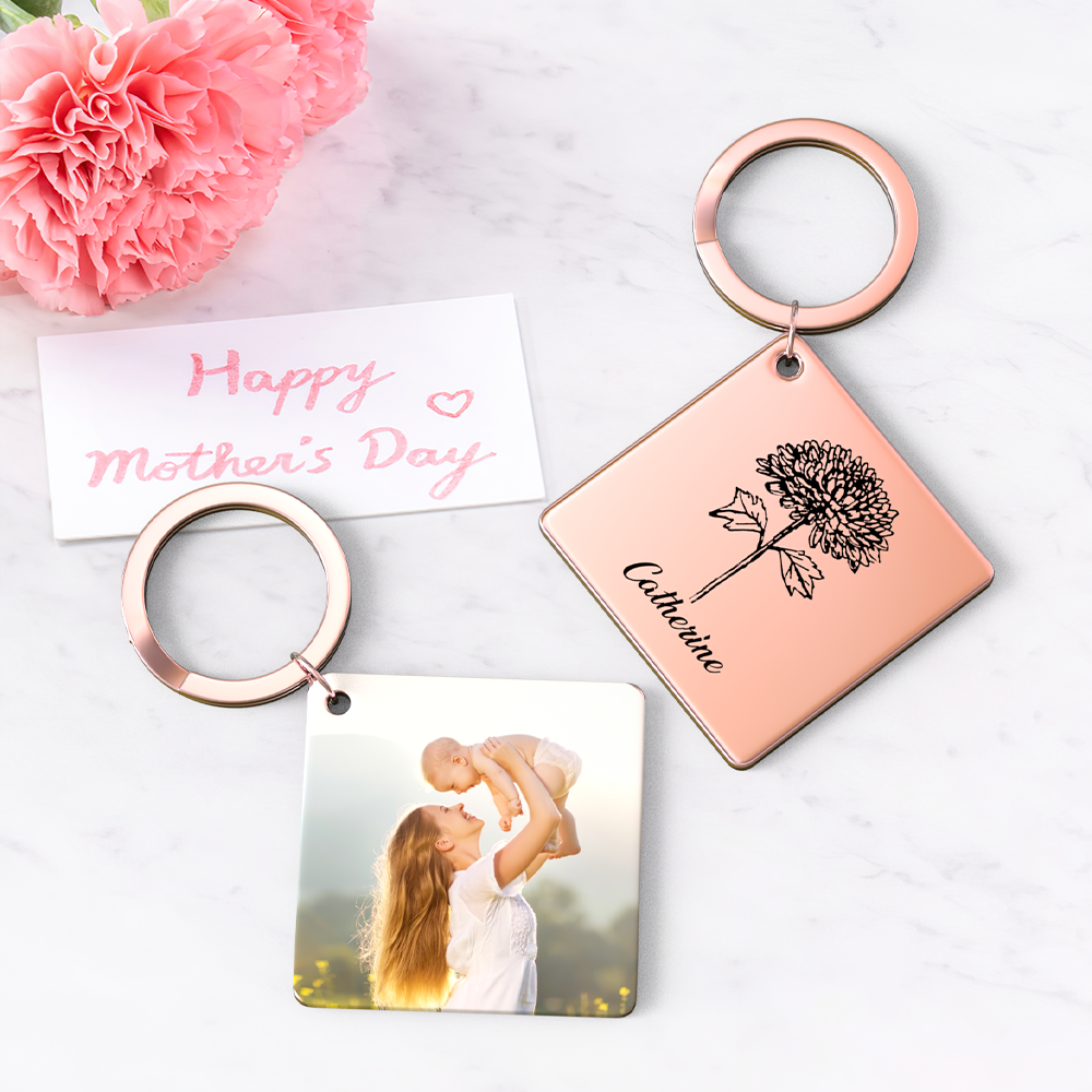 Birthflower Keychain Personalized Bouquet Flower Key Ring Mothers Day Gifts for Mom - SantaSocks