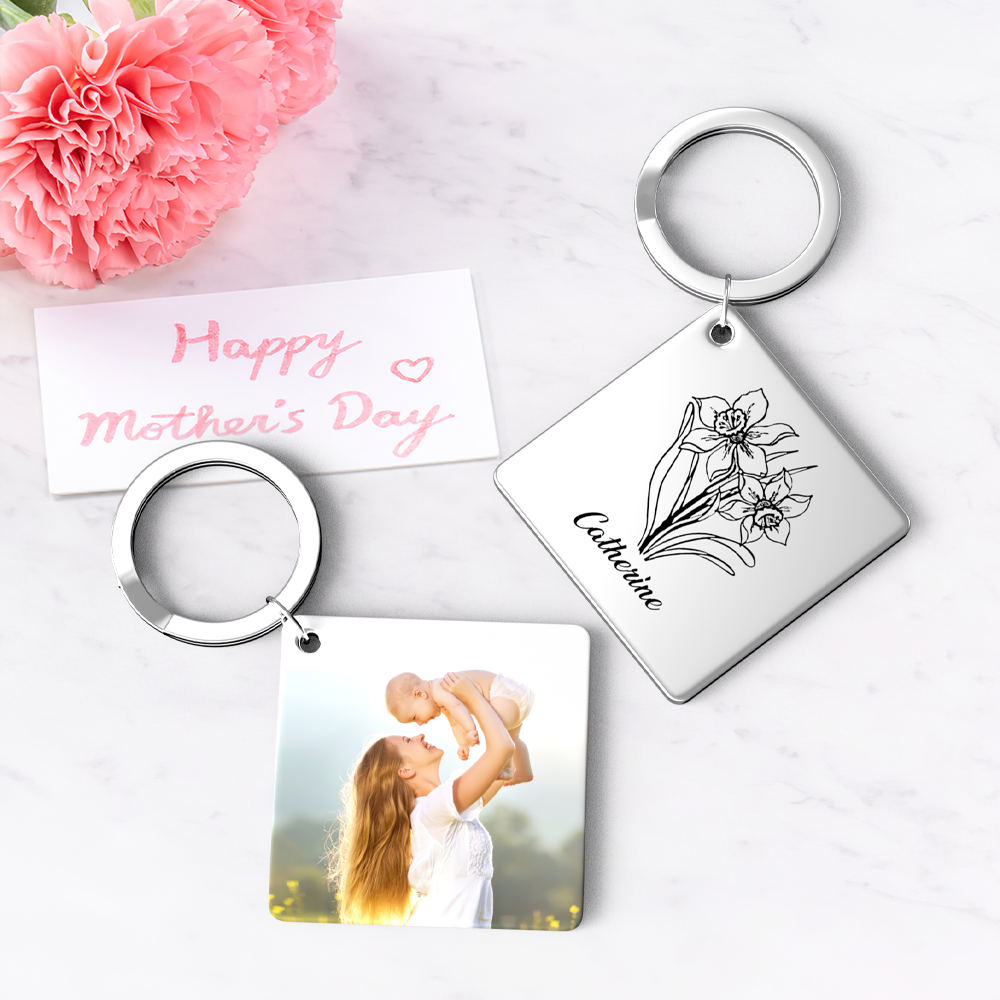 Birthflower Keychain Personalized Bouquet Flower Key Ring Mothers Day Gifts for Mom - SantaSocks