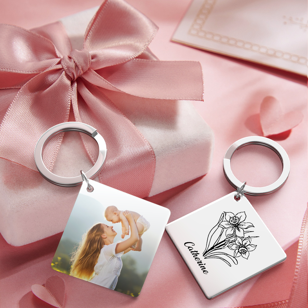 Birthflower Keychain Personalized Bouquet Flower Key Ring Mothers Day Gifts for Mom - SantaSocks