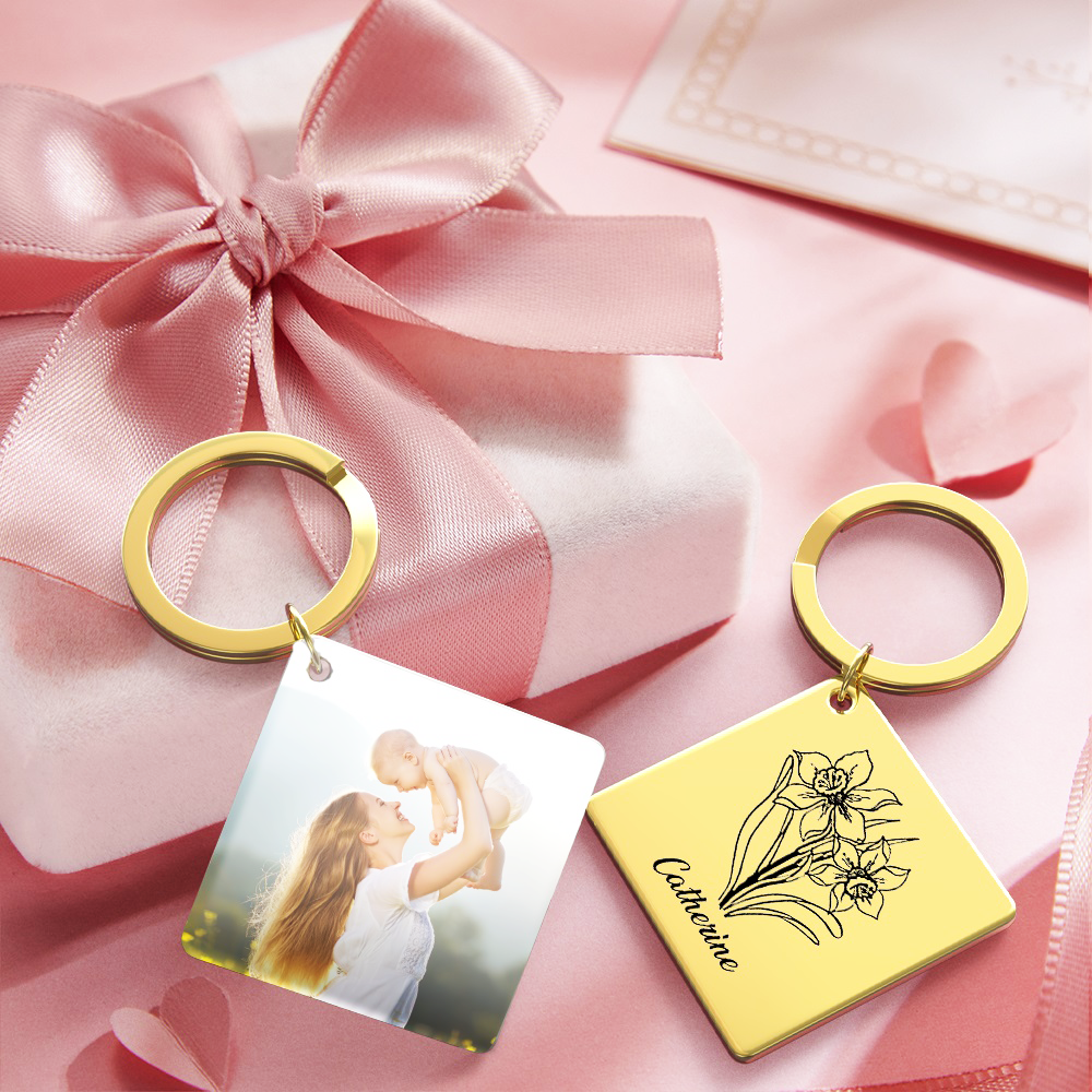 Birthflower Keychain Personalized Bouquet Flower Key Ring Mothers Day Gifts for Mom - SantaSocks