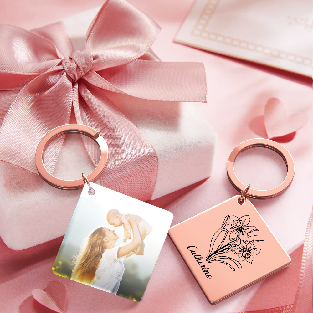 Birthflower Keychain Personalized Bouquet Flower Key Ring Mothers Day Gifts for Mom - SantaSocks