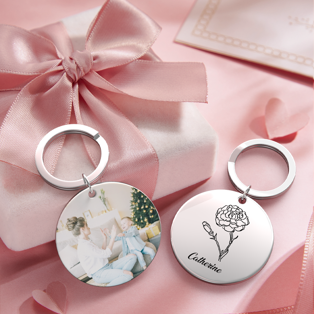 Custom Photo Keychain Personalized Month Flower Mothers Day Gifts for Mum - SantaSocks