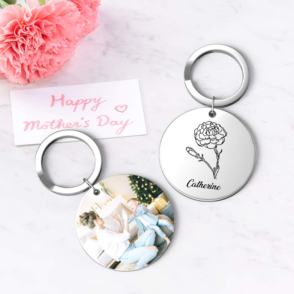 Custom Photo Keychain Personalized Month Flower Mothers Day Gifts for Mum - SantaSocks