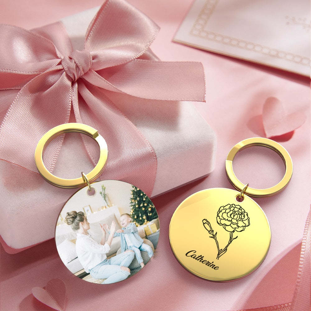 Custom Photo Keychain Personalized Month Flower Mothers Day Gifts for Mum - SantaSocks