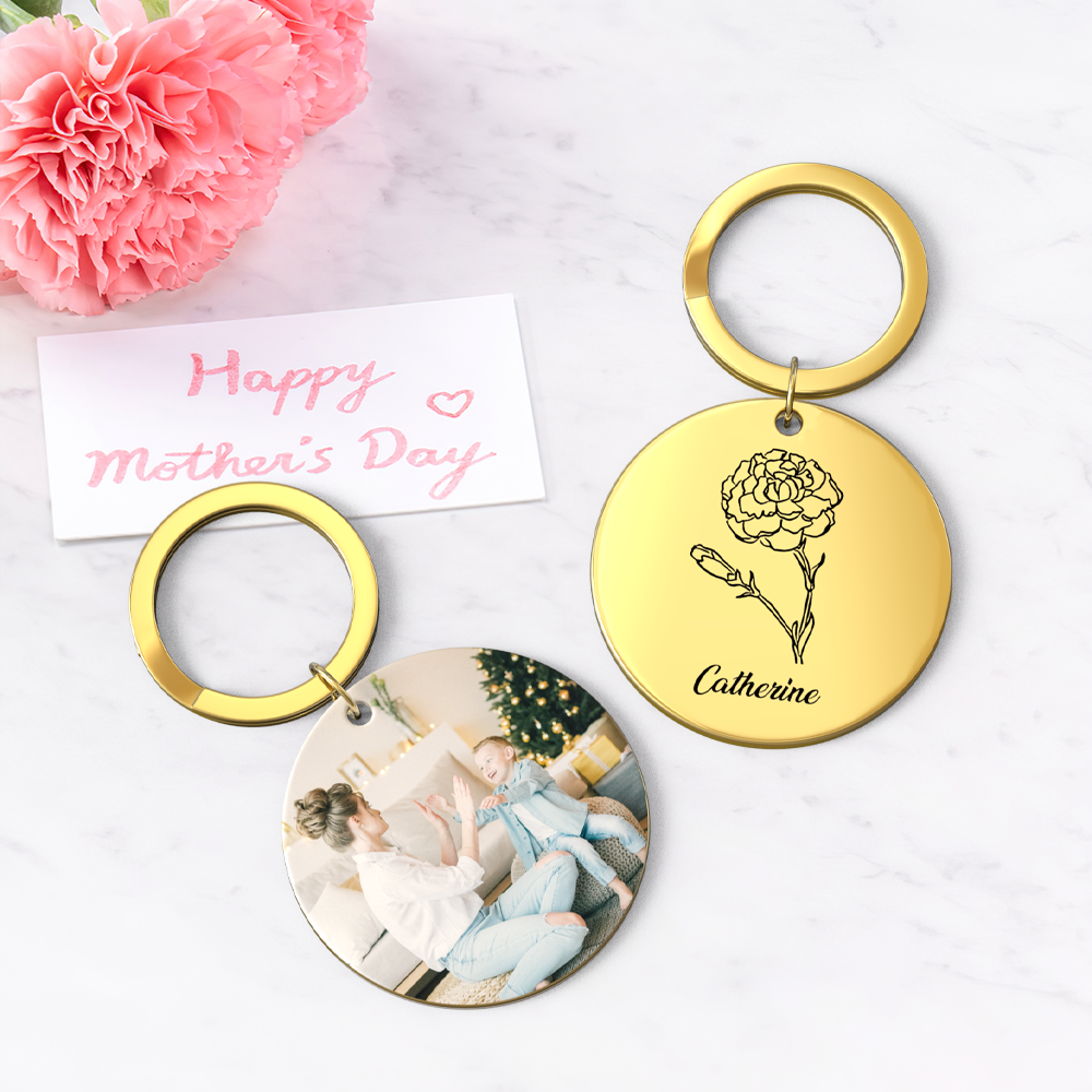 Custom Photo Keychain Personalized Month Flower Mothers Day Gifts for Mum - SantaSocks
